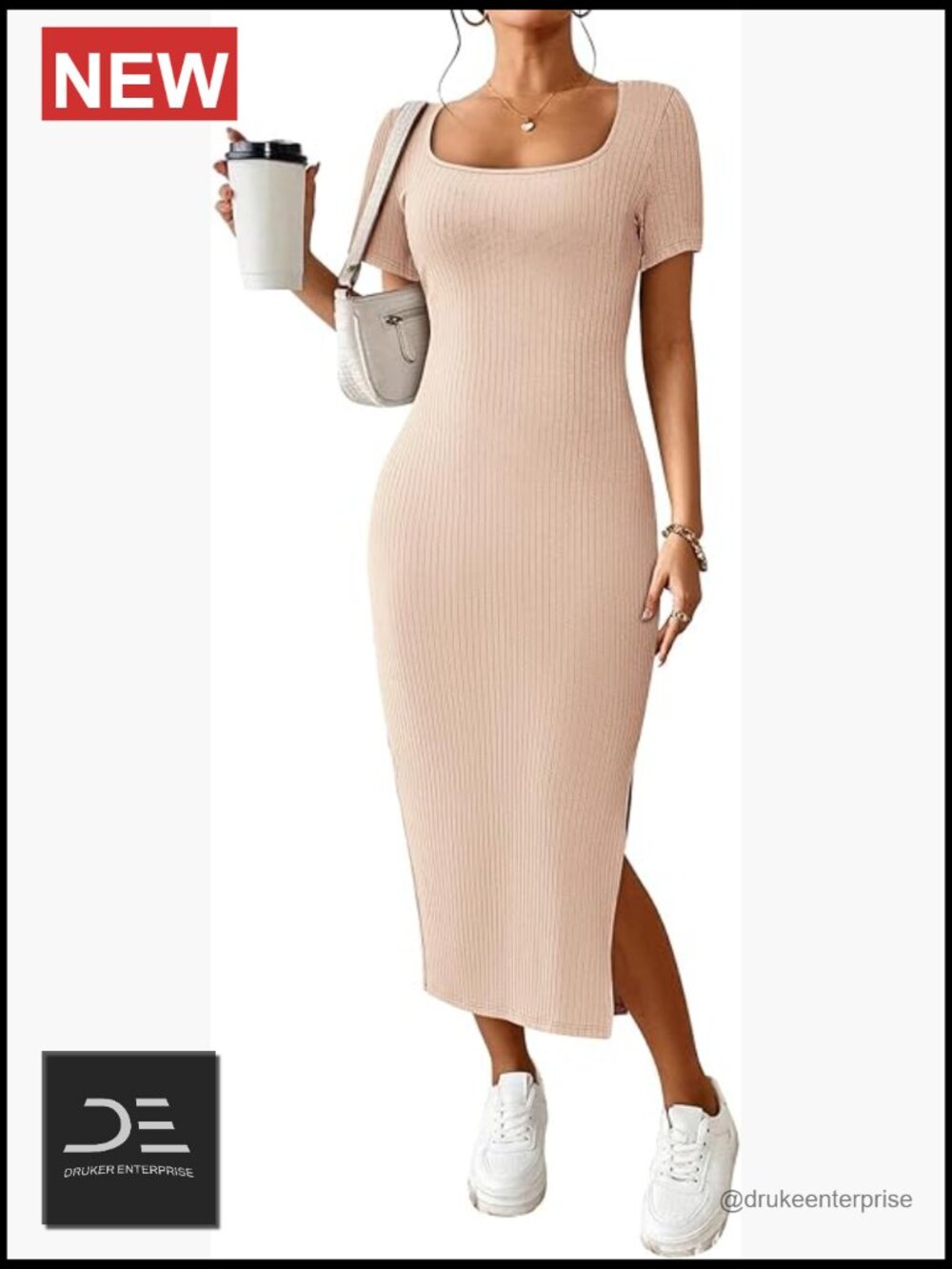 Ribbed Knit Bodycon Maxi Dress Side Slit Square Neck Short Sleeve Summer